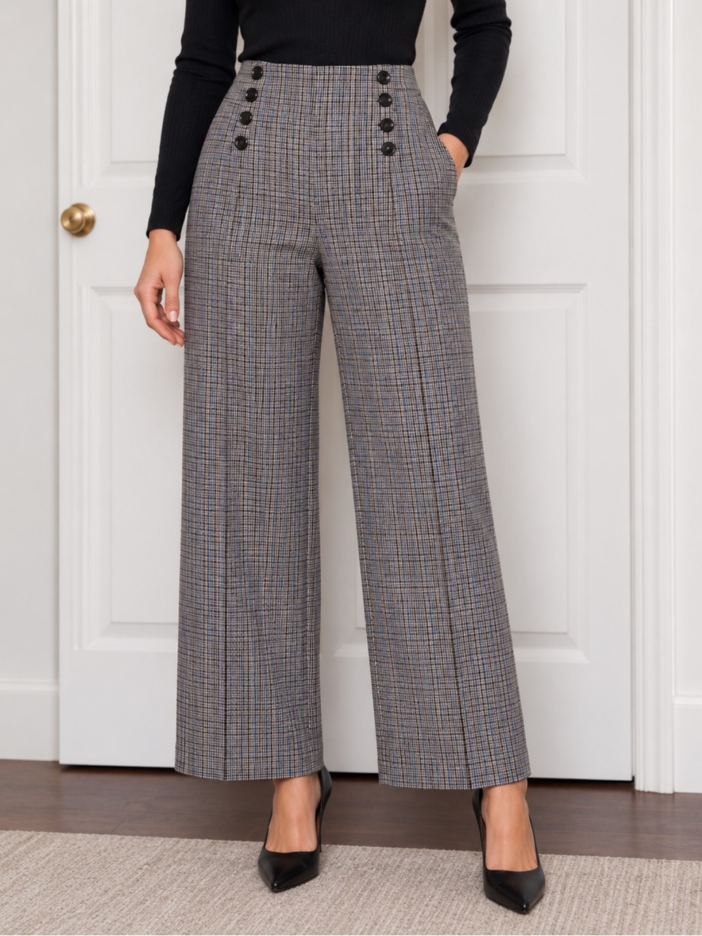 Ann Taylor Factory Womens 6 Plaid Wide Leg Crop Pants Button Detail